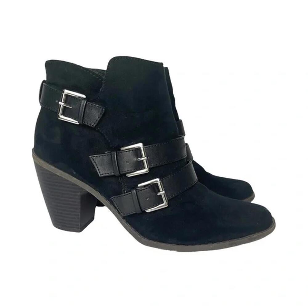 Black Women's Ankle Boots‎ with Buckle Straps and Block Heel